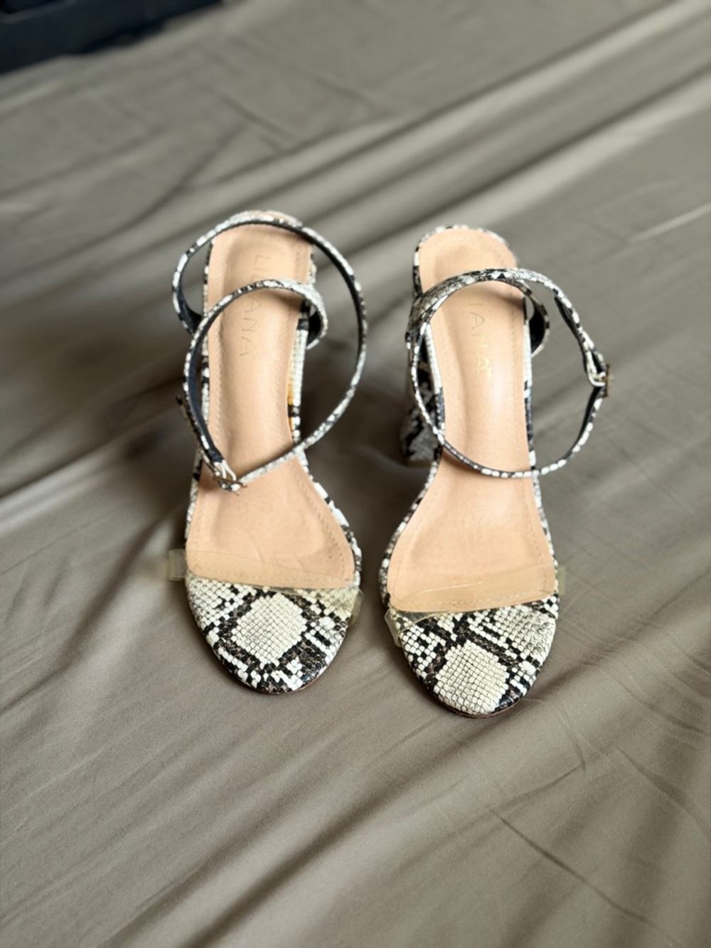 Naya Black & White Snake-Print Ankle Strap Heels